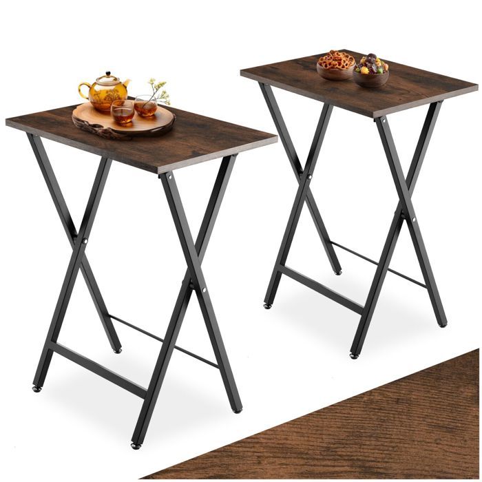 Table basse - TECTAKE - Ensemble de 2 tables dappoint PHOENIX pliantes au style industriel en bois et acier - Bois foncé
