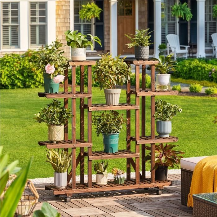 Support Plantes 5 Niveaux Outsunny - Acier Et Bois - Avec Roues - Intérieur/Extérieur