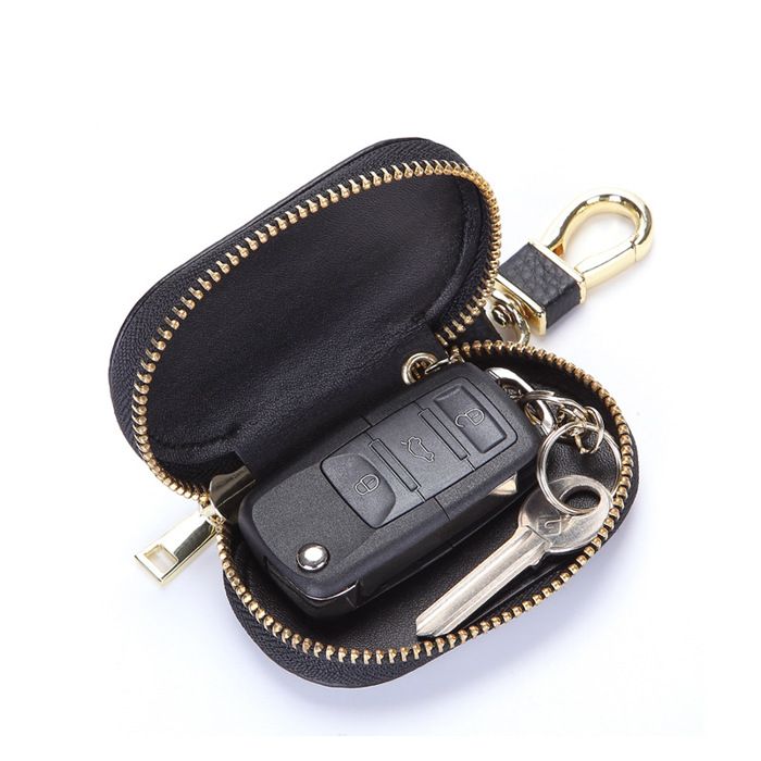Étui à Clés De Voiture En Cuir Véritable - Fermeture éclair, Fenêtre Transparente - Rouge - Dimensions 8.5x5x2 Cm