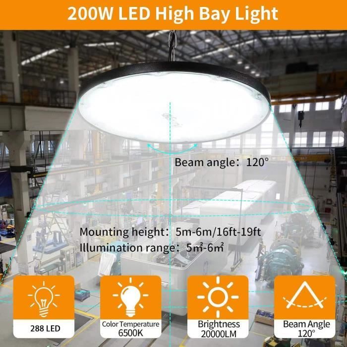 Faretto LED UFO 200W, 20000LM Lampada da Officina Industriale 6500K Bianco Fredd