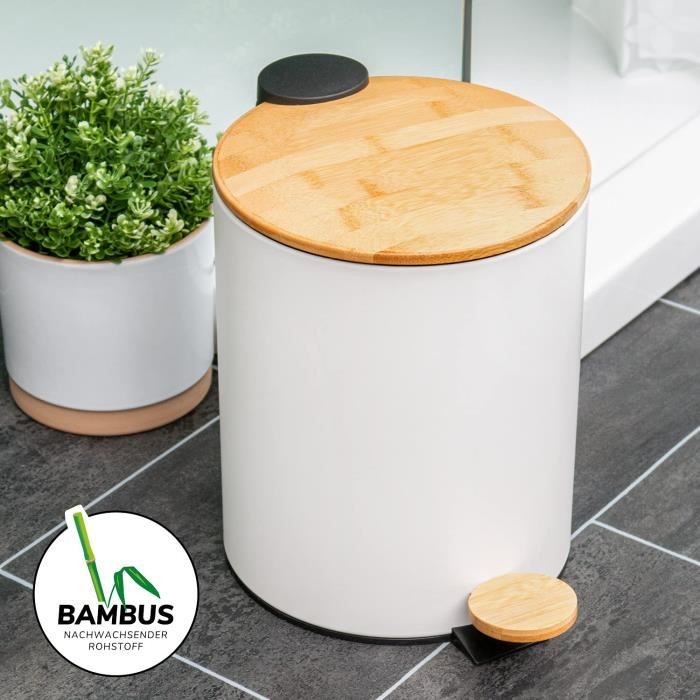 Poubelle de salle de bain en plastique blanc et bambou - 5L