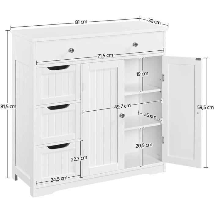 Meuble Salle De Bain Xbro Avec 4 Tiroirs Et 2 Portes - Armoire Rangement Blanche 81x30x83 Cm - Étagères Réglables