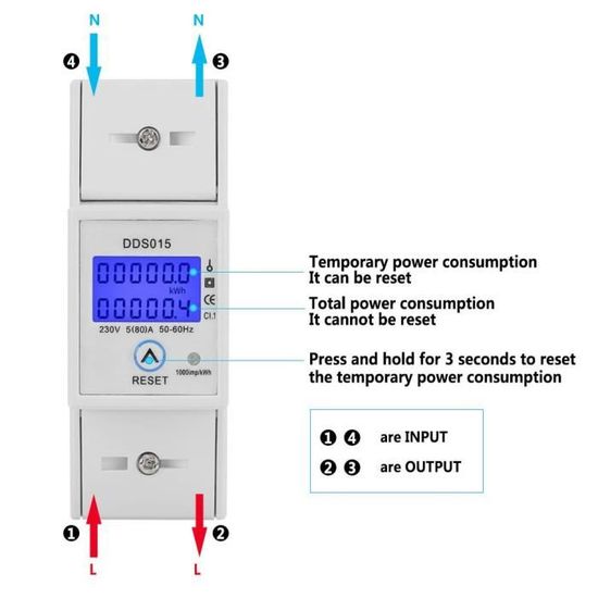 wattmètre Compteur dénergie sur Rail DIN avec écran de rétroéclairage LCD/électricité Anti-vol Pusokei Compteur dénergie monophasé LCD numérique 5-80A 230V 