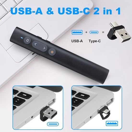 Pointeur Laser PowerPoint 30M Avec Télécommande Sans Fil + Adaptateur USB-C - Idéal Conférences Et Présentations