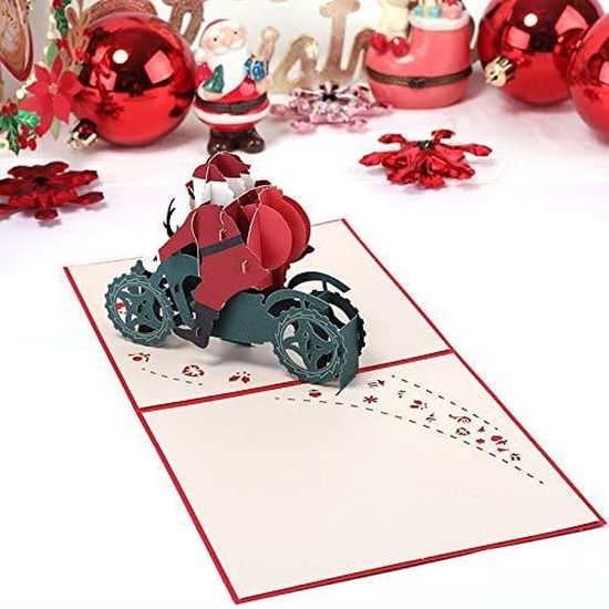 inodiref 3D Noël Cartes de Voeux 3D Pop-Up Noël Cartes de Voeux avec Enveloppes les Amoureux Carte-cadeau de Noël pour la Famille Apparaitre père Noël sur une Moto Cartes de Voeux les Amis