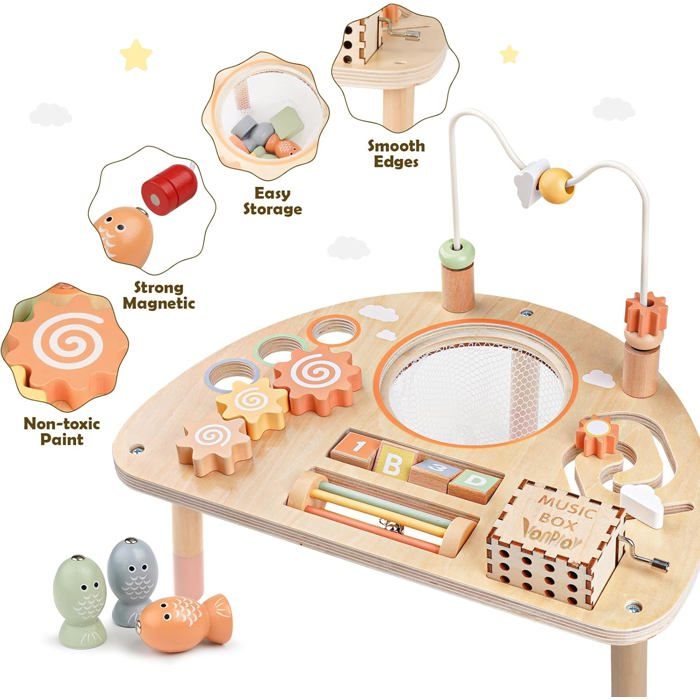 KABENFIS Table D'Activités En Bois - Labyrinthe De Perles Et 12 Jeux - Cadeau Éducatif Fille Garçon