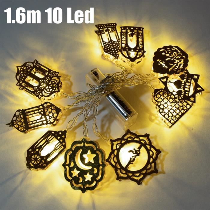 YOSOO Guirlande LED Eid 10 lumières, Lanterne creuse en métal doré pour  décoration de fête intérieure/extérieure