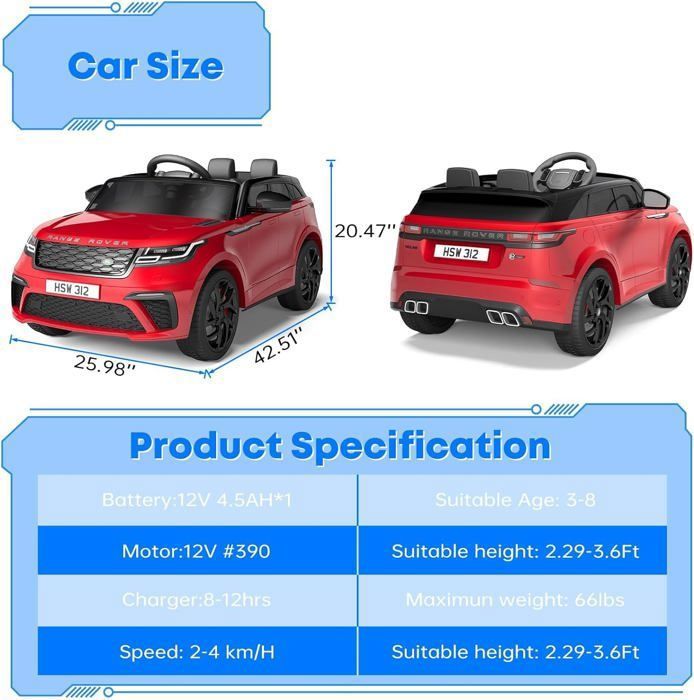 Garvee Voiture enfant 12V Land Rover officielle – Télécommande, musique MP3/USB, sécurisée – Tout-terrain, dès 3 ans – Noir - Jeux - Jouets