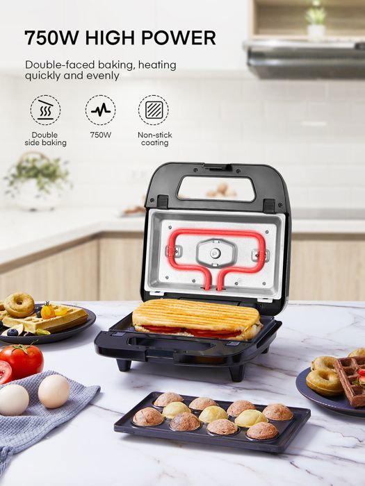 Gaufrier Multifonction 8 En 1 - 750W - Plaques Amovibles - Vinteky