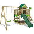 Aire de jeux en bois FATMOOSE JazzyJungle avec balançoire et toboggan vert pour enfants de 3 à 12 ans-0