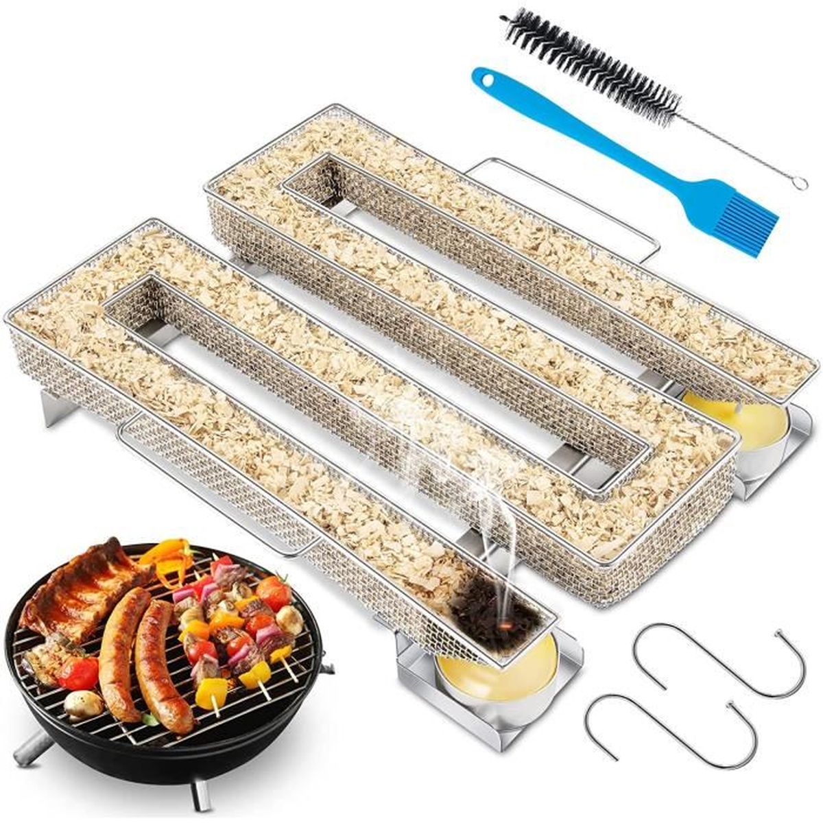 MOPOIN Générateur de Fumée Froide en Acier Inoxydable avec poignée Générateur de fumée à Froid avec 2 brosses et 6 Crochets Fumeurs Chariots à Gril Grils de Bouilloire pour Grils à gaz 