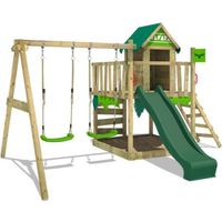 Aire de jeux en bois FATMOOSE JazzyJungle avec balançoire et toboggan vert pour enfants de 3 à 12 ans