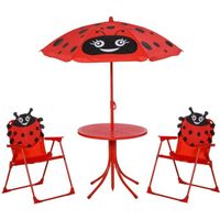 Ensemble salon de jardin enfant 4 pcs design coccinelle - table ronde + 2 chaises pliables + parasol - métal époxy oxford rouge