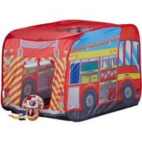 Relaxdays Tente de jeu enfants Camion pompiers filles garçons 3 ans pop up intérieur extérieur 70 x 110 x 70 cm, rouge