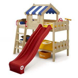 WICKEY Lit enfant avec toboggan CrAzY Hutty Lit mezzanine Lit cabane avec sommier à lattes rouge-bleu 90x200 cm toboggan rouge