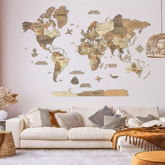 Carte du monde en bois - décoration murale 3D « Chêne
