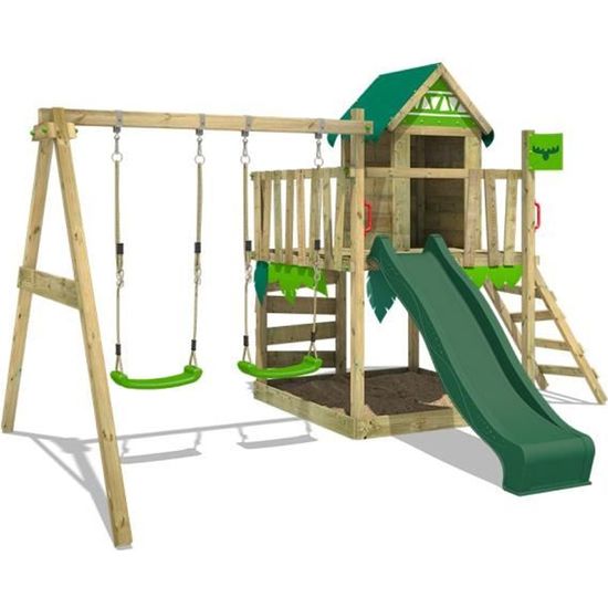 Aire de jeux en bois FATMOOSE JazzyJungle avec balançoire et toboggan vert pour enfants de 3 à 12 ans