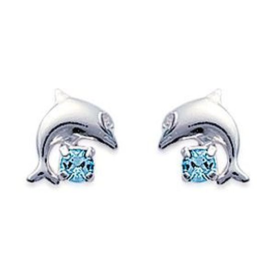 Boucles D'oreilles Dauphins En Pierre De Lune Bleue - Percées, Couleur Or/argent, Occasion Très Bon état