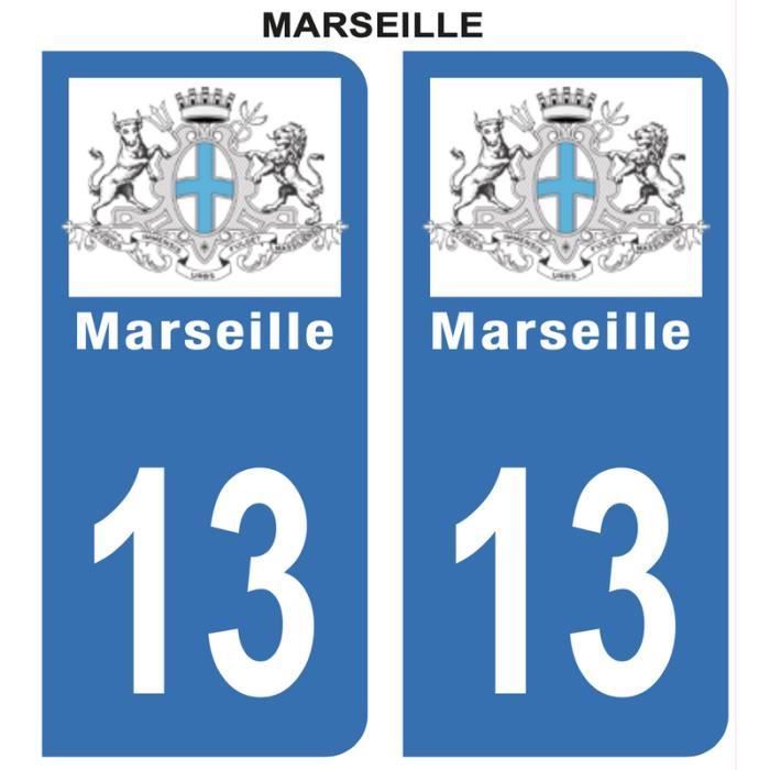 Autocollant Stickers plaque immatriculation voiture auto 13 Bleu Blason Ville Marseille Lot de 2