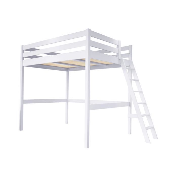 Lit Mezzanine Sylvia avec échelle bois - Couleur - Blanc, Dimensions - 160x200