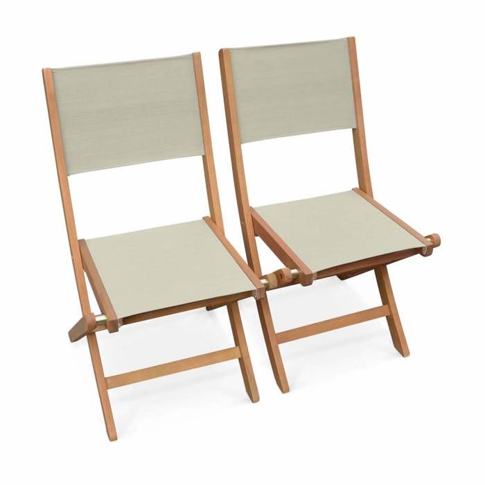 Lot de 2 chaises de jardin en bois Almeria, 2 chaises pliantes Eucalyptus FSC huilé et textilène gris taupe