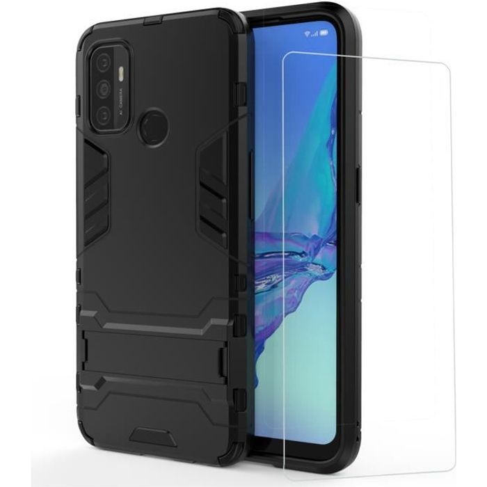 Coque OPPO A53, Étui+Film de verre trempé TPU PC Antichoc Double Couches Housse Anti Rayure avec Fonction Suppor Bumper-Noir