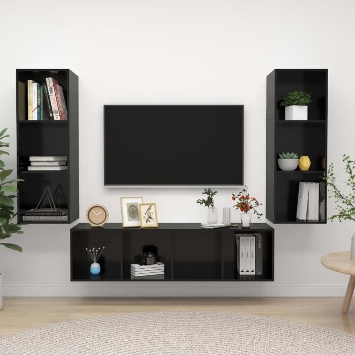 Unique Ensemble de meuble TV 3 pcs Ensemble de meuble TV suspendu MEUBLE TV MURAL COMPLET Noir brillant Aggloméré 2851
