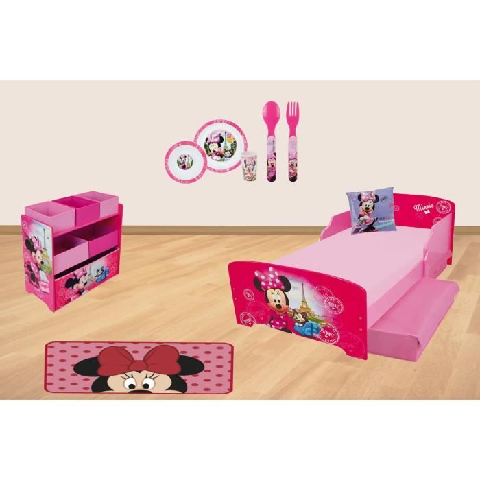 DISNEY MINNIE - Chambre 5 éléments (Lit avec rangements, meuble de rangement, coussin, repas + couverts, tapis)