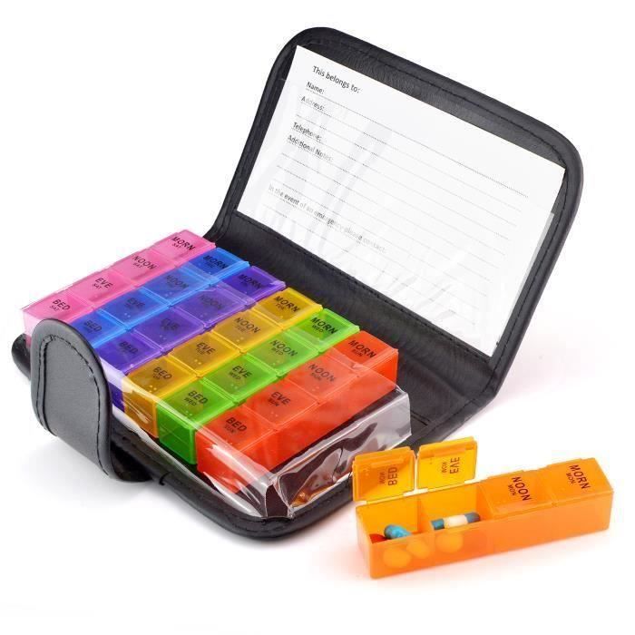 Pilulier Semainier 7 Jours 28 Compartiments Multicolores avec Trousse Étui cuir Boîte à pilulier Portable Médicament Semainier