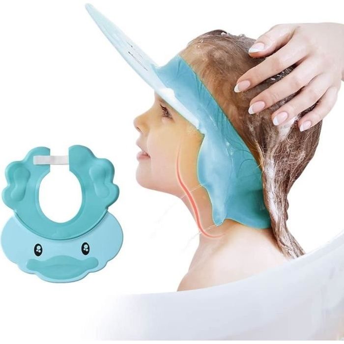 Bonnet de douche pour enfants,shampoing bouclier pour les yeux,les oreilles et le visage réglable pour bébé Visière de bain（bleu）