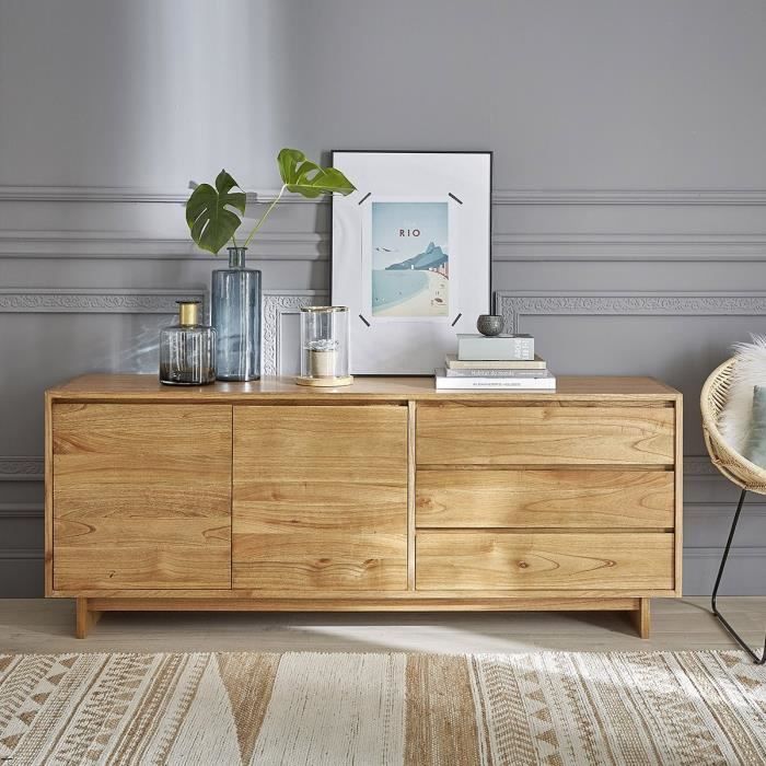 Commode en bois de mindy 3 tiroirs 2 portes BOIS DESSUS BOIS DESSOUS