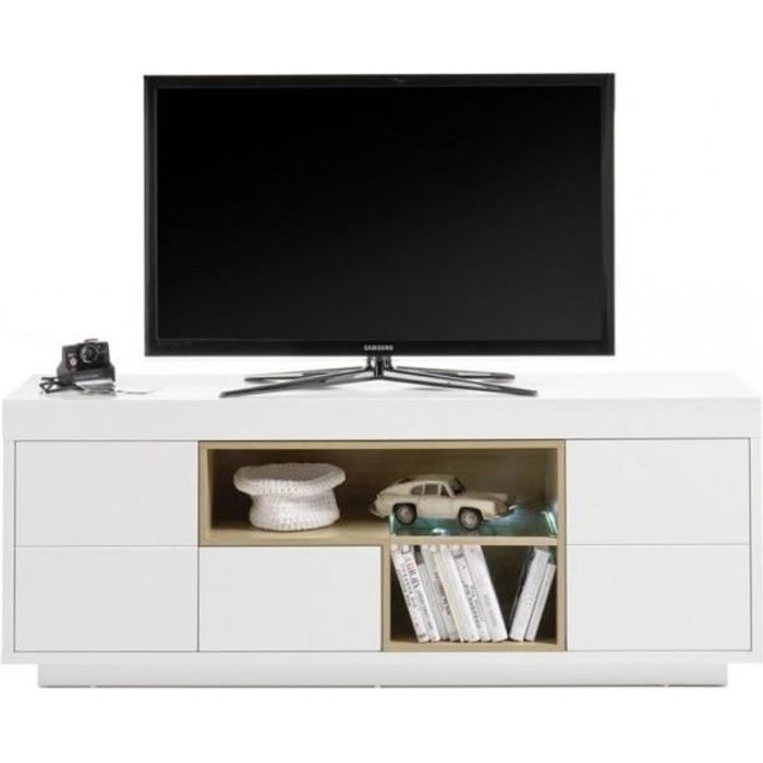 Meuble TV CLEO 169 cm blanc laqué mat 2 portes 1 tiroir 2 niches décor chêne blanc MDF Inside75