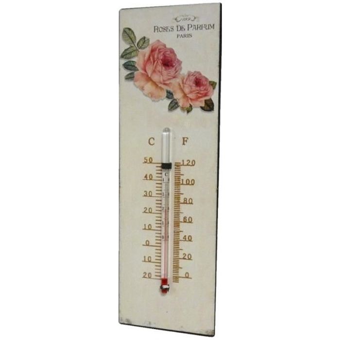 Thermomètre Mural Décoratif en Celsius et Farenheit ou à Poser Motif 'Floral' à l'Ancienne en Fer et Papier Vernis 0,5x8x25cm
