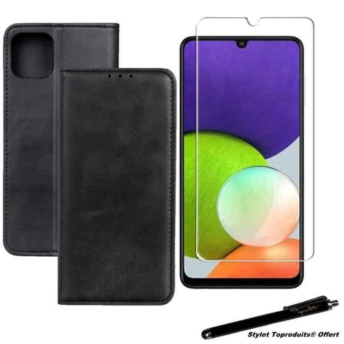 Etui portefeuille noir pour Samsung Galaxy A22 5G Housse à fermeture magnétique et Verre trempé 2,5D avec Stylet Toproduits®