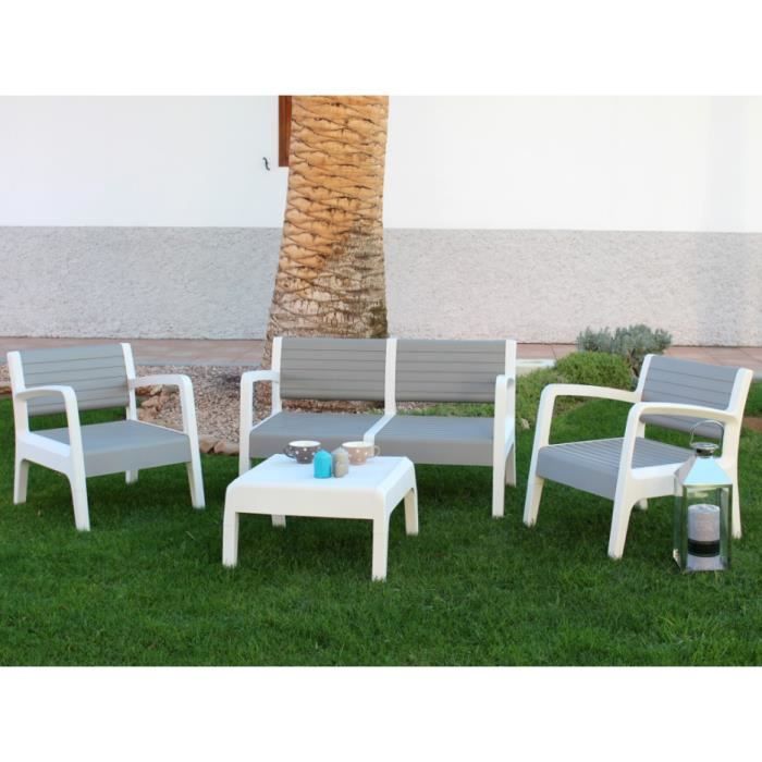 Salon de jardin MIALI en PVC : 2 fauteuils, un canapé 2 places, une table basse - structure gris clair assise blanche