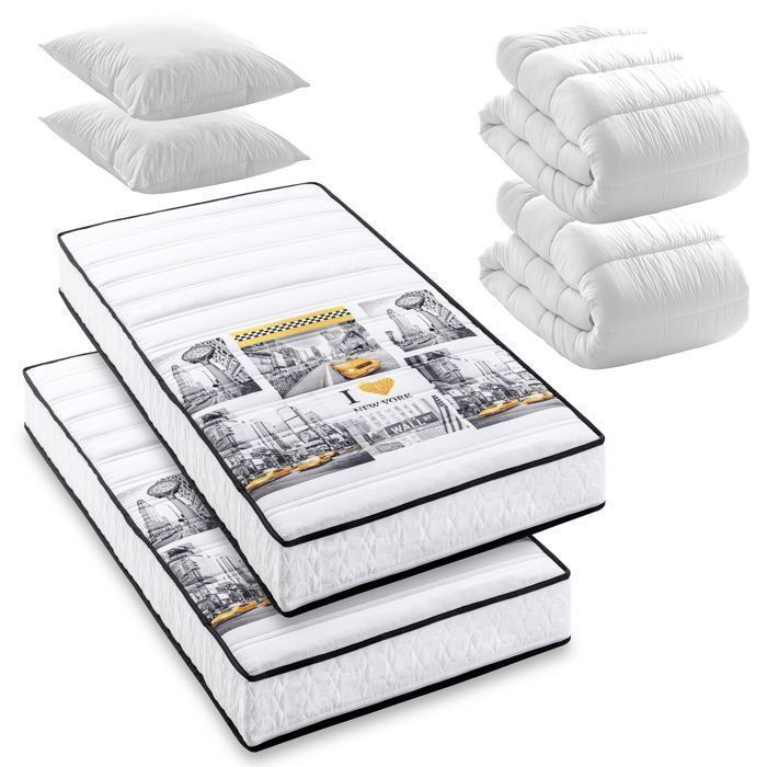 Pack Manhattan- Lot de 2 Matelas New York mousse 90x190 cm + 2x couettes + 2x oreillers– Fabriqué en Belgique Pack Manhattan- Lot de 2 Matelas New York mousse 90x190 cm + 2x couettes + 2x oreillers– Fabriqué en Belgique