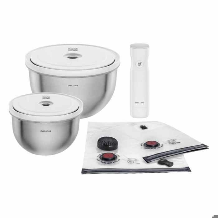 Zwilling - Set de démarrage sous vide Fresh & Save BOWLS 9 pièces, bols en acier inoxydable M-18 cm, L-24 cm, sacs, pompe