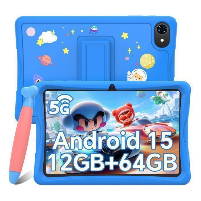 Tablette enfants TABWEE K10 101 IPS 1280x800 Android 15 Go — 12 Go RAM 64 Go ROM microSD 2To Bleu