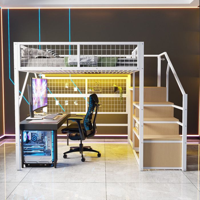 Lit superposé 2 places 140x200 avec LED Lit mezzanine escalier de rangement et penderie Lit enfant sommier à lattes Métal blanc