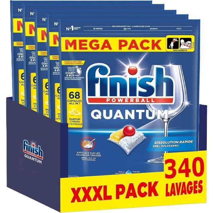 Finish Quantum Pastilles Lave-Vaisselle Citron - Elimine Les Taches Tenaces - 340 Tablettes Lave-Vaisselle