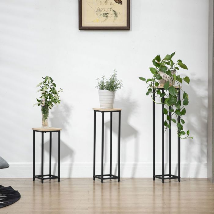 Ensemble support plantes 3 pièces tabouret et support pots acier noir naturel pour jardin balcon terrasse déco
