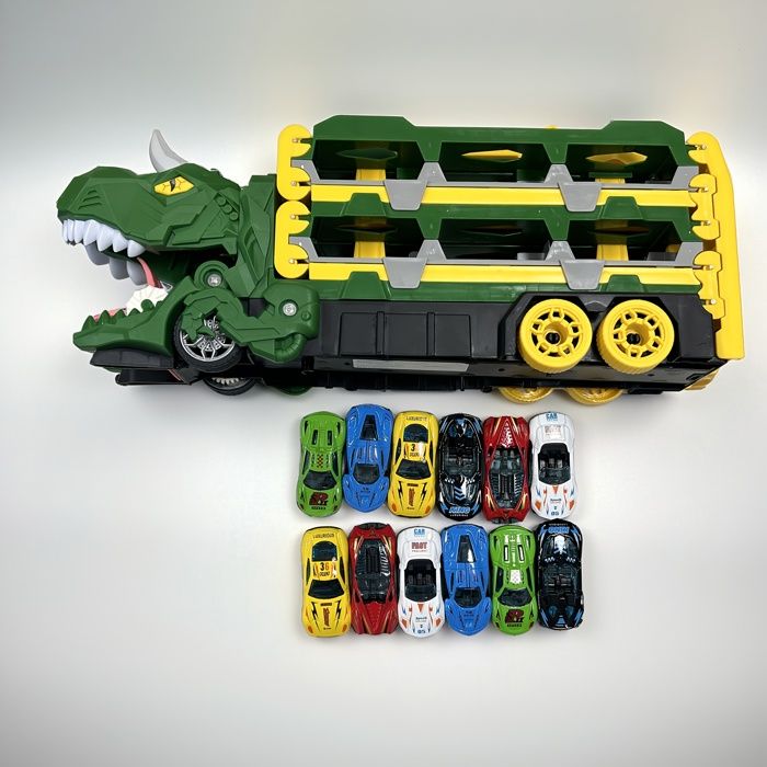 Camion jouet - KUKUFUN - Transporteur dinosaures - Rouge - 12 voitures moulées - Catapulte pliable - Jeux - Jouets
