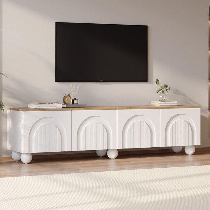 Meuble TV Moderne avec 4 Portes Meuble TV avec 6 Pieds en Métal à Pied Sphérique 180 x 40 x 45 cm Couleur Bois + Blanc