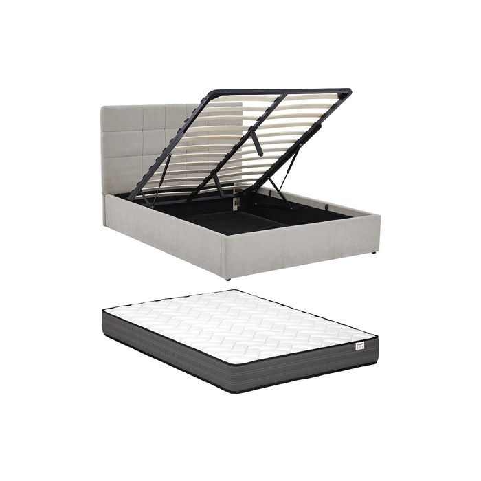Lit coffre 140 x 190 cm - Tissu - Gris + Matelas - HOPEYA Lit coffre 140 x 190 cm - Tissu - Gris + Matelas - HOPEYA