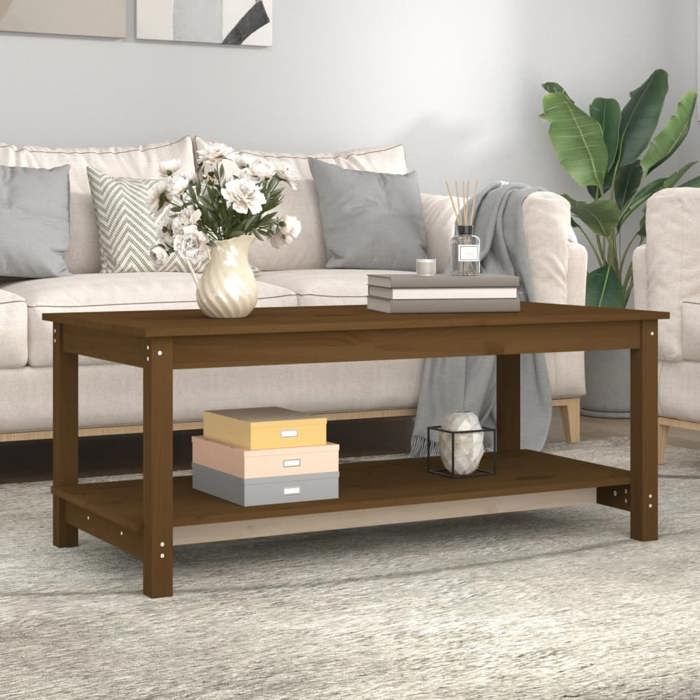 Table basse en bois massif - 110x55x45 cm - Marron miel - Bois de pin - Design 2 niveaux - Étagère ouverte