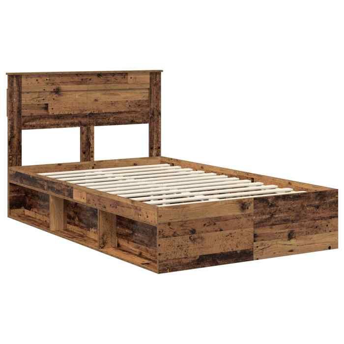 Structure de lit avec matelas - UU - Bois ancien - Pin massif - 135x190 cm - Lit double britannique