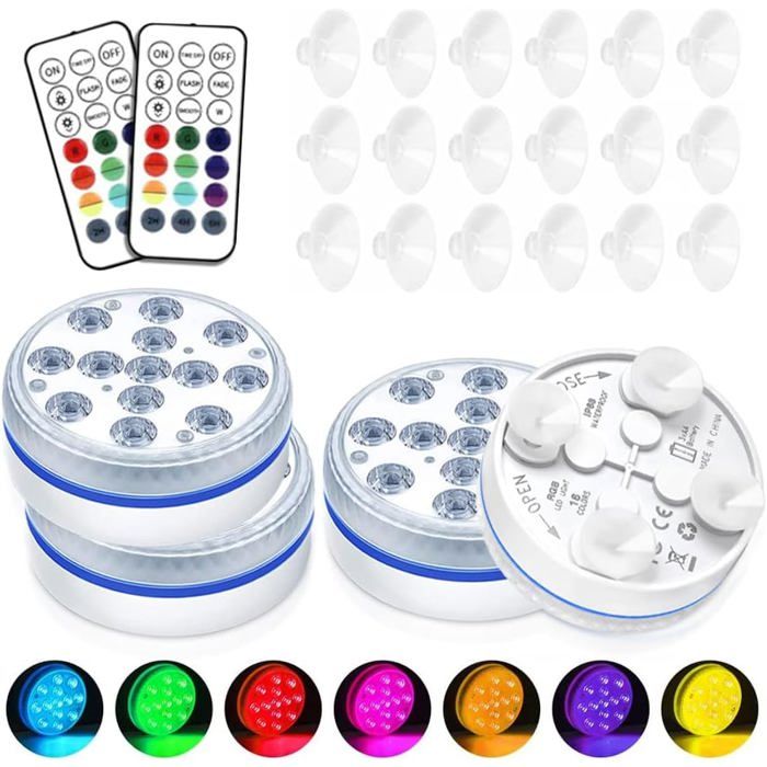 Lot de 4 lampes LED submersibles pour piscine hors sol IP68 étanche avec télécommande RF16 couleurs RVB