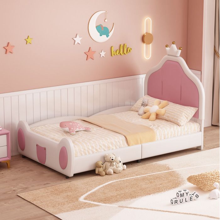 Modenuit Lit enfant 90x200 cm lit rembourré princesse avec tête de lit couronne et sommier PU blanc et rose (sans matelas)