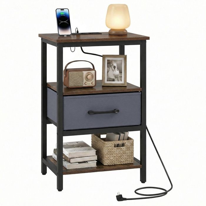 COSTWAY Table de Chevet avec Station de Charge Tiroir en Tissu et Étagères Ouvertes Cadre Métallique pour Salon Chambre Marron COSTWAY Table de Chevet avec Station de Charge Tiroir en Tissu et Étagères Ouvertes Cadre Métallique pour Salon Chambre Marron
