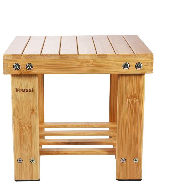 Tabouret Bas en Bamboo Naturel avec Etagère de Rangement pour Enfants et Adultes (S)